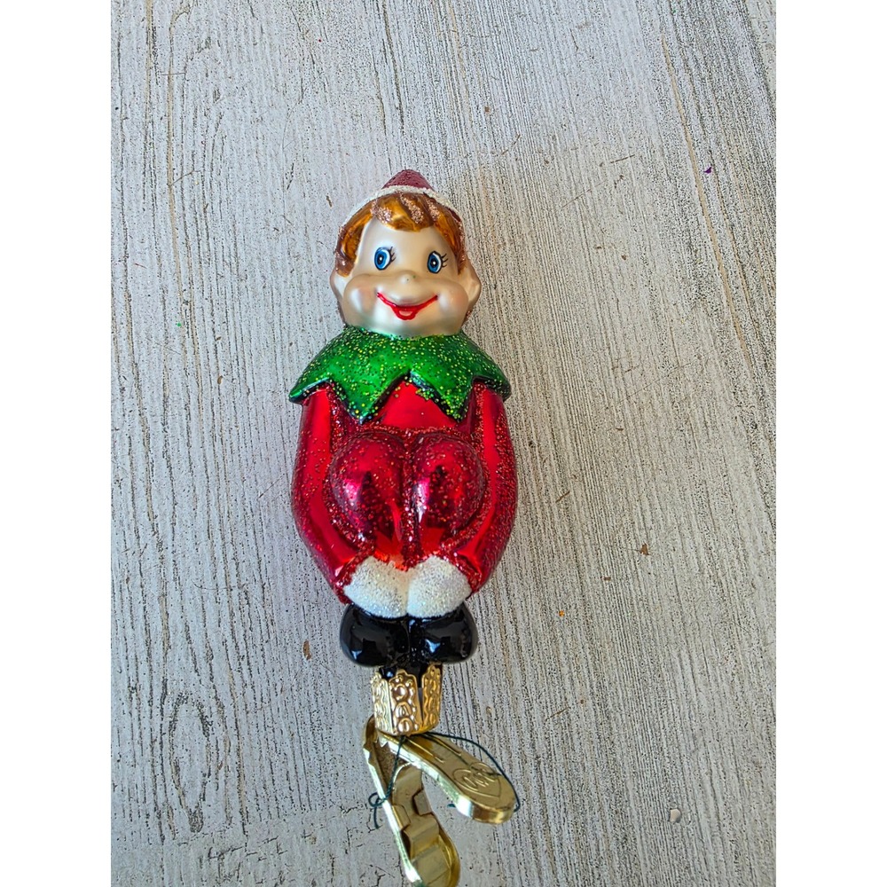 Vintage OWC old world elf clip glass‎ glitter red green ornament Xmas tree